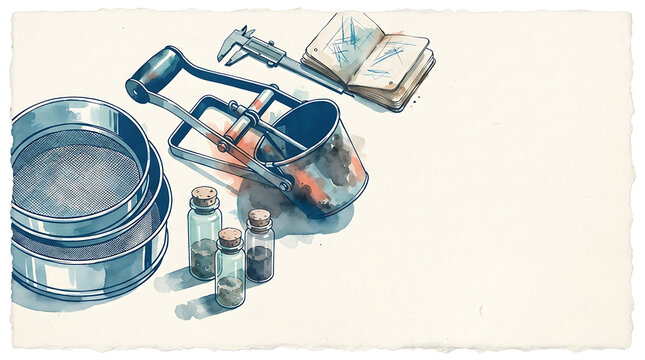 Laboratory soil testing equipment with metal sieves, glass vials, and calipers on paper background