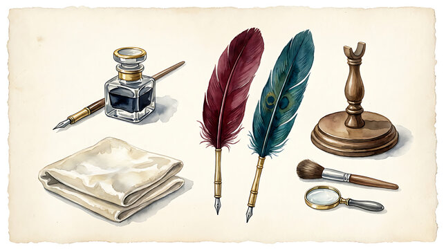 Vintage calligraphy set with feather quills, inkwell, magnifying glass, and paper on background