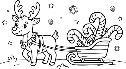 Naklejka premium Two reindeer pulling a candy cane striped sleigh with a sack of gifts, christmas scene santa's reindeer
