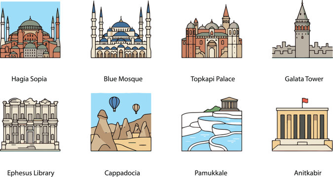 Hand-drawn vector illustration set of famous Turkish landmarks and historical attractions including Hagia Sophia, Blue Mosque, Topkapi Palace, Galata Tower, Ephesus Library, Cappadocia, Pamukkale, and