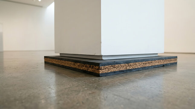White square pillar base resting on a layered cork and black rubber mat in a gallery space