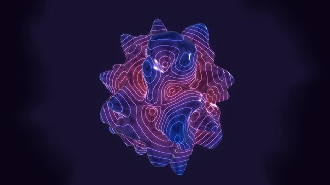 Amorphous liquid sphere with glowing pink and blue topographic lines deforms smoothly against a dark backdrop in a hypnotic 3D animation loop