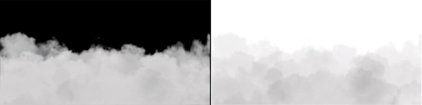 Realistic thick white smoke clouds rising against black background and transparent grid for visual effects compositing.