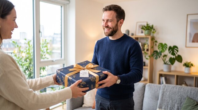 Happy man receiving gift box from partner for birthday celebration in modern living room at home