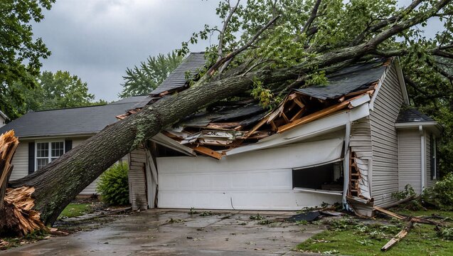 Massive fallen tree crushes a residential garage after a severe storm, damaging the roof, garage door and structure amid wet pavement and scattered debris.