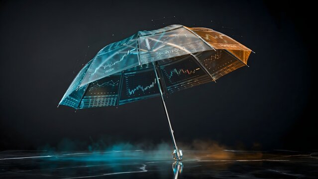 Business umbrella made from data sheets on marble &ndash; Great for asset protection, wealth management, or market security.