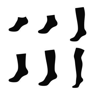 Set of black silhouettes of various socks including ankle and knee high styles