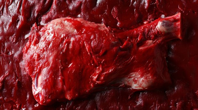 Raw meat leg on bloody surface, close-up.
