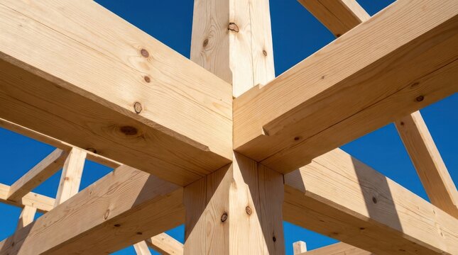 Wooden beams forming structural frame against blue sky, timber construction, architecture concept.