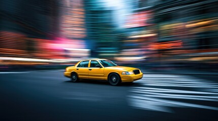 Naklejka premium Yellow taxi speeding through a blur of city lights and buildings