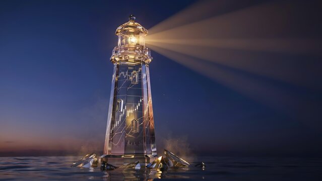 Crystal lighthouse projecting golden light beams over sea &ndash; Suitable for strategic guidance, market leadership, or corporate direction.