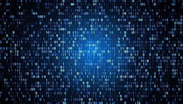 Digital stream of glowing blue binary code cascades against a dark, luminous background