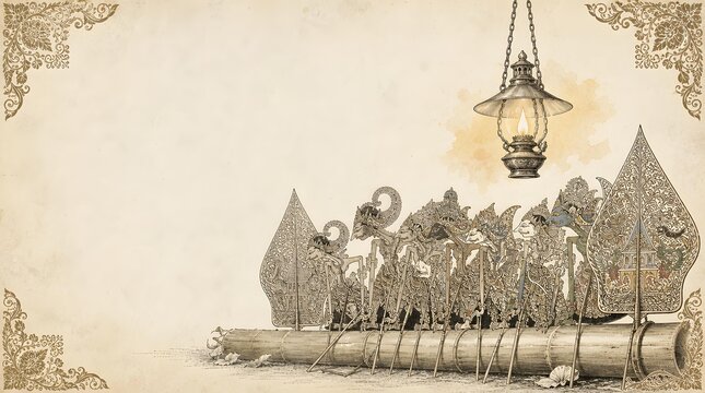 Wayang Kulit Shadow Puppets On Banana Trunk Lamp Line Art