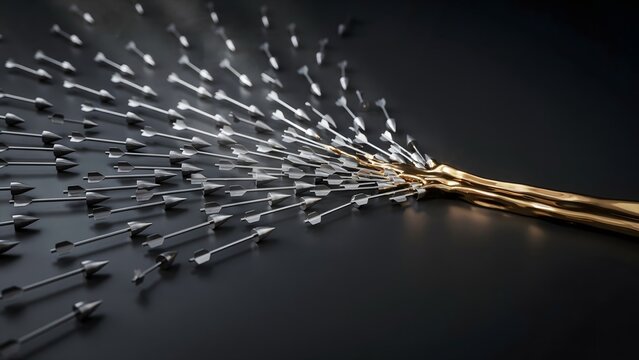 Silver arrows converging into flowing river of gold &ndash; Ideal for data consolidation, team synergy, or revenue stream.