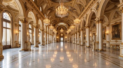Fototapeta premium Magnificent long hallway in a stately palace adorned with golden pillars, high arched ceilings, and sparkling chandeliers.