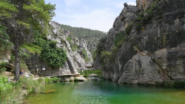 Scenic El Parrizal de Beceite Hiking Trail Through Crystal Clear River, Spain