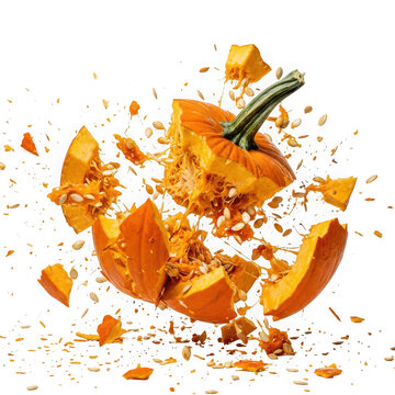Exploding pumpkin with seeds and pulp flying in the air isolated on transparent background