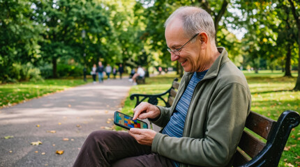 Fototapeta premium smiling senior man playing mobile game on smartphone in park