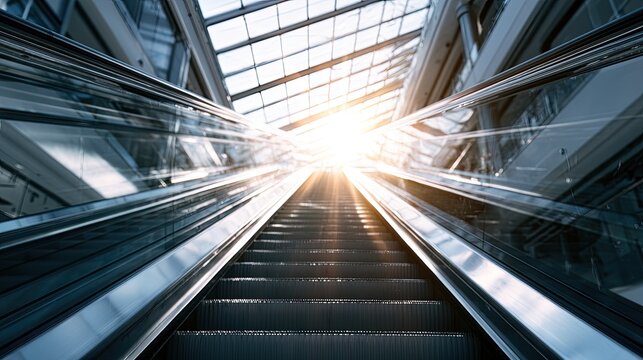 Ascending escalator towards bright sunburst in modern interior