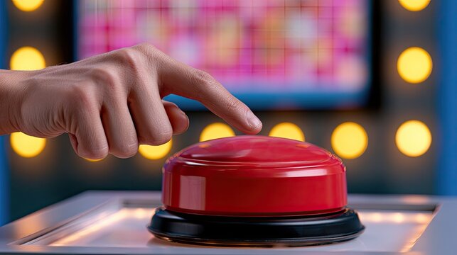 Finger pressing a large red buzzer button in a brightly lit game show setting