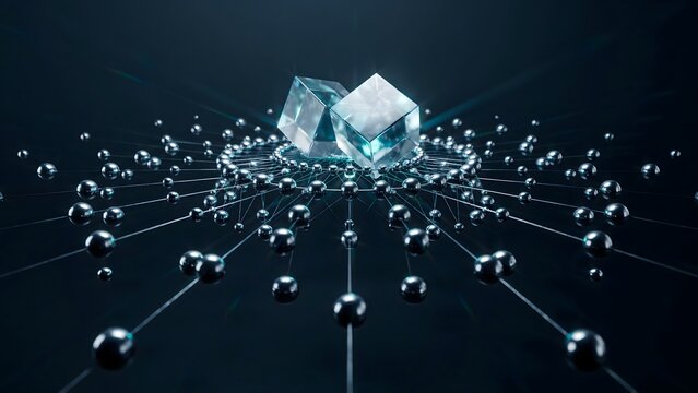 Crystal magnets pulling chrome spheres into lattice formation &ndash; Suitable for team building, market attraction, or network assembly.