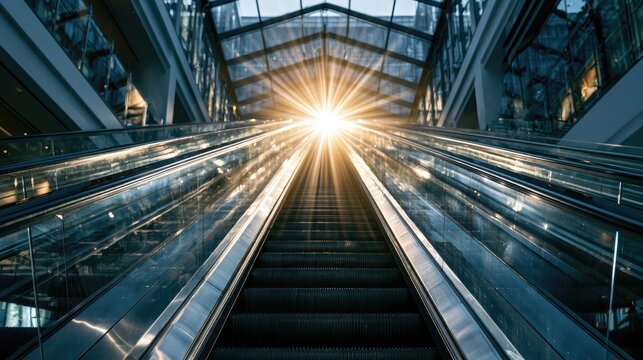 An upward-moving escalator leads towards a bright, starburst sun through a modern glass structure