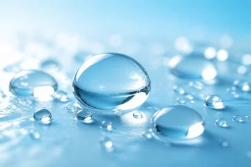 Small and large droplets of water sit on a flat surface. Light reflects off the droplets. The setting is bright and clear, highlighting the water's shape. © mila103