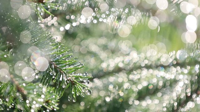Glistening Water Droplets on Tree Branch, Post-Rain Sunlight - Seamless Loop
For the background music of videos