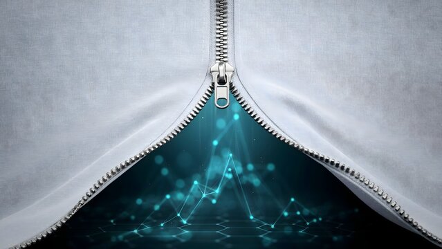 White fabric unzipping to show illuminated data network &ndash; Great for innovation, software release, or backend technology.