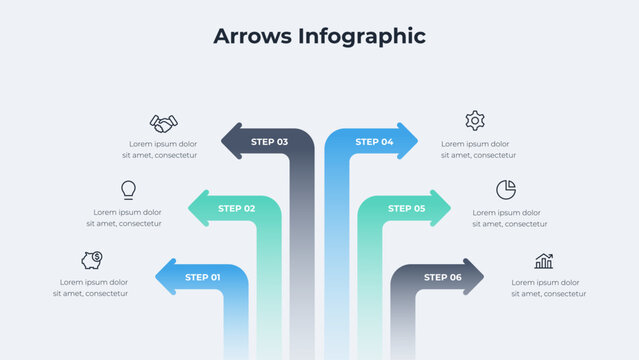 Infographic of six business process steps with directional arrows