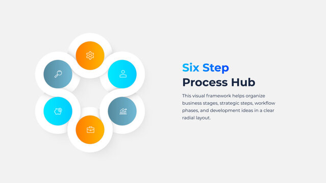Six-step business infographic with circles arranged in a ring