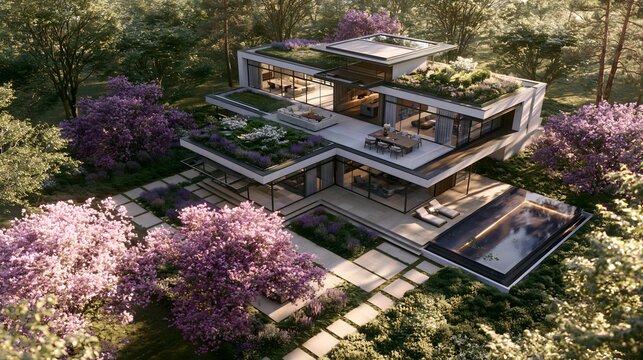 Modern luxury villa architecture with green roof sustainable design, panoramic glass walls, swimming pool, and spring garden with blooming purple trees in a serene, high-end residential estate