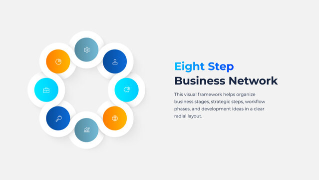Business infographic of eight circles connected in a ring