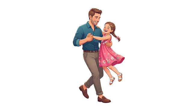 Premium flat vector illustration of a joyful father dancing with his little daughter, elegant movement, warm family moment