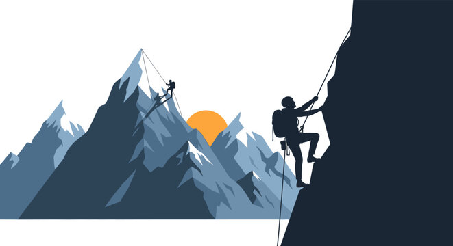 Mountain climbers silhouetted against a scenic landscape silhouette
