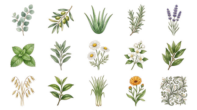 Watercolor botanical skincare herbs. Organic plant elements for natural cosmetic design.