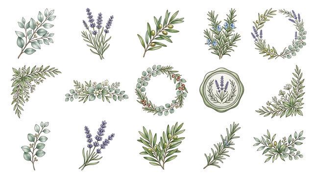 Botanical wreath and floral elements vector set. Hand-drawn green plant illustrations for design and decor.