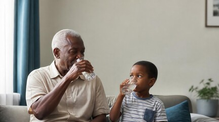 African american grandfather and grandson drinking water together