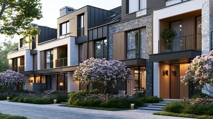 Fototapeta premium Modern luxury townhouses with contemporary architectural design, featuring stone cladding, vertical wood paneling, and black metal accents in a landscaped residential neighborhood with blooming