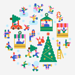 Fototapeta premium Naive flat Christmas market composition with a decorated tree, festive stalls, winter characters, gifts, skating, sledding and snow activities isolated on white