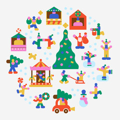 Fototapeta premium Christmas fair scene with a large decorated tree, festive stalls, carousel, winter sports, Santa, gifts, wreath and holiday flat characters isolated on white.