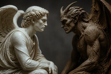 Fototapeta premium An angel and a demon sit across from each other. The angel has white wings and smooth features while the demon has sharp horns and a muscular body. This scene captures a defining moment.