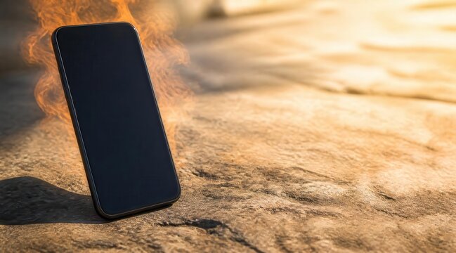 Smartphone overheating with fiery aura indicating technical issues