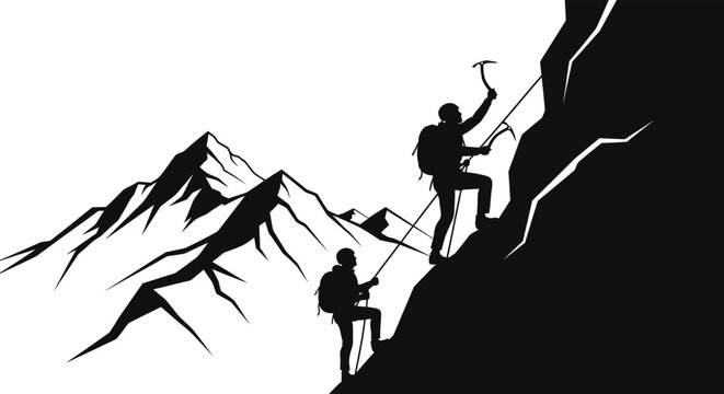 Mountain climbers with ice axes black silhouette
