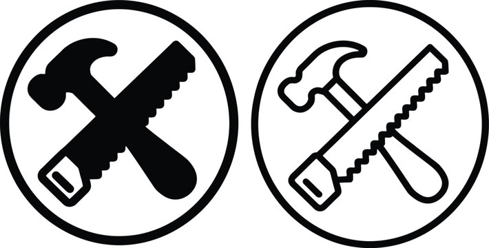 Construction tool icons set showing hammer and saw for web design