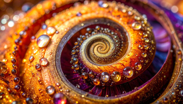 Intricate macro photography of a golden spiral structure adorned with crystalline dew water droplets, shimmering glitter, and deep purple textures in a shell-like pattern.