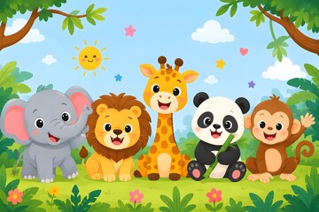 Fototapeta premium cute vector illustration of happy wild jungle safari animals background for kids