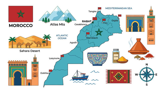 Morocco Map Illustration with Landmarks and Culture