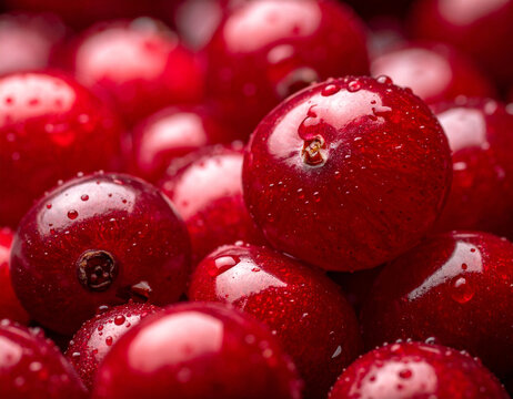 Fresh wet cranberries macro close up background texture. Extreme full frame macro background of fresh ripe red cranberries glistening with tiny clear water droplets.
