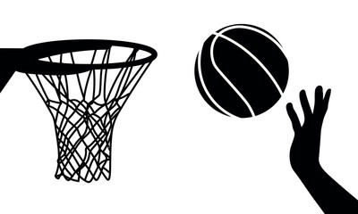 A black and white silhouette of a hand throwing a basketball into a hoop and net. Minimalistic sports vector illustration for logos, T-shirt prints, posters, and advertising © Александр Филяшин